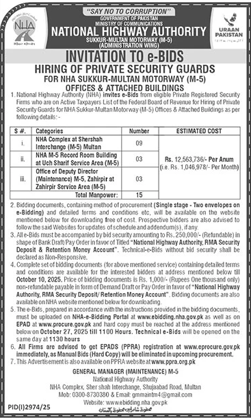 National Highway Authority Multan Tender Notice